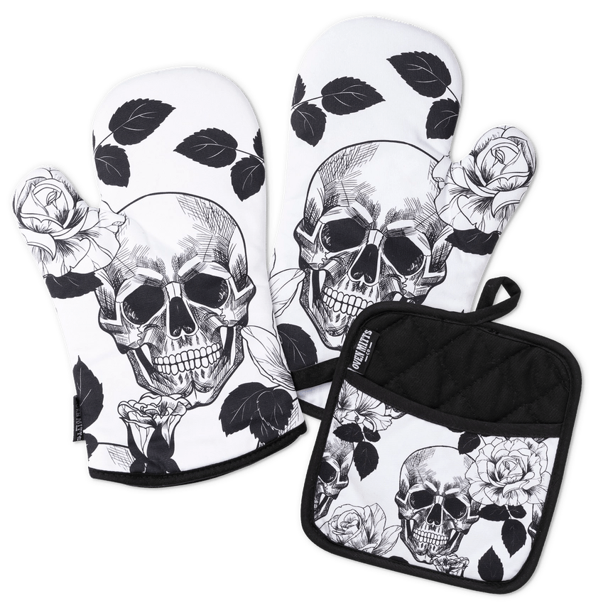 Skull Cat Moon Gothic Oven Mitts And Pot Holders Sets,Heat Resistant Non Slip Kitchen Gloves Hot Pads With Inner Cotton Layer