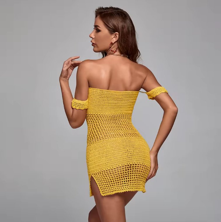 Off Shoulder Mini Sexy Crochet Knitted Beach Dress (3 Colors) - Jabbatheslut