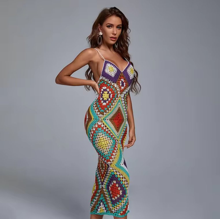 Spaghetti Strap V Neck Sleeveless Maxi Sexy Bodycon Crochet Knit Dress - Jabbatheslut