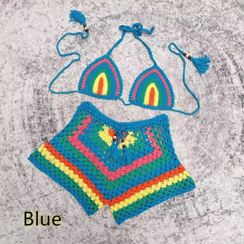 Knit Crocheted Bikini & Short Set with Beaded Tie Straps - Jabbatheslut