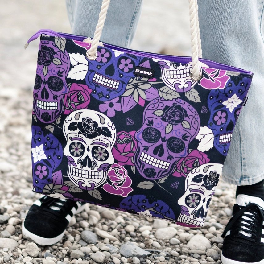 Large Skullistic Purple Sugar Skull Tote Bag - Jabbatheslut