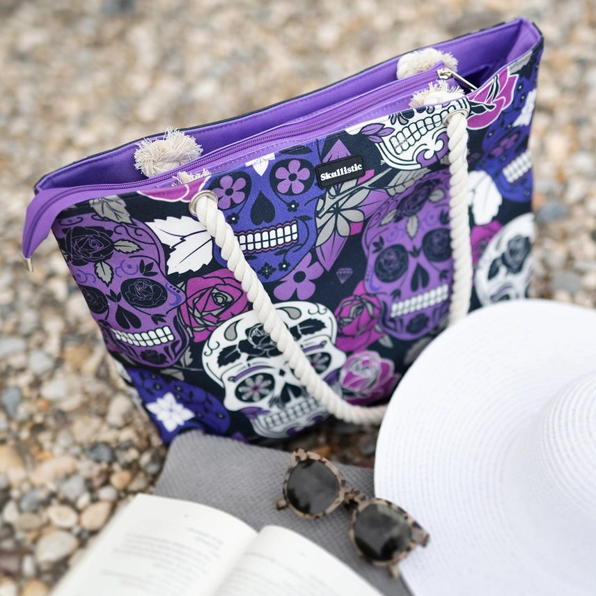 Large Skullistic Purple Sugar Skull Tote Bag - Jabbatheslut