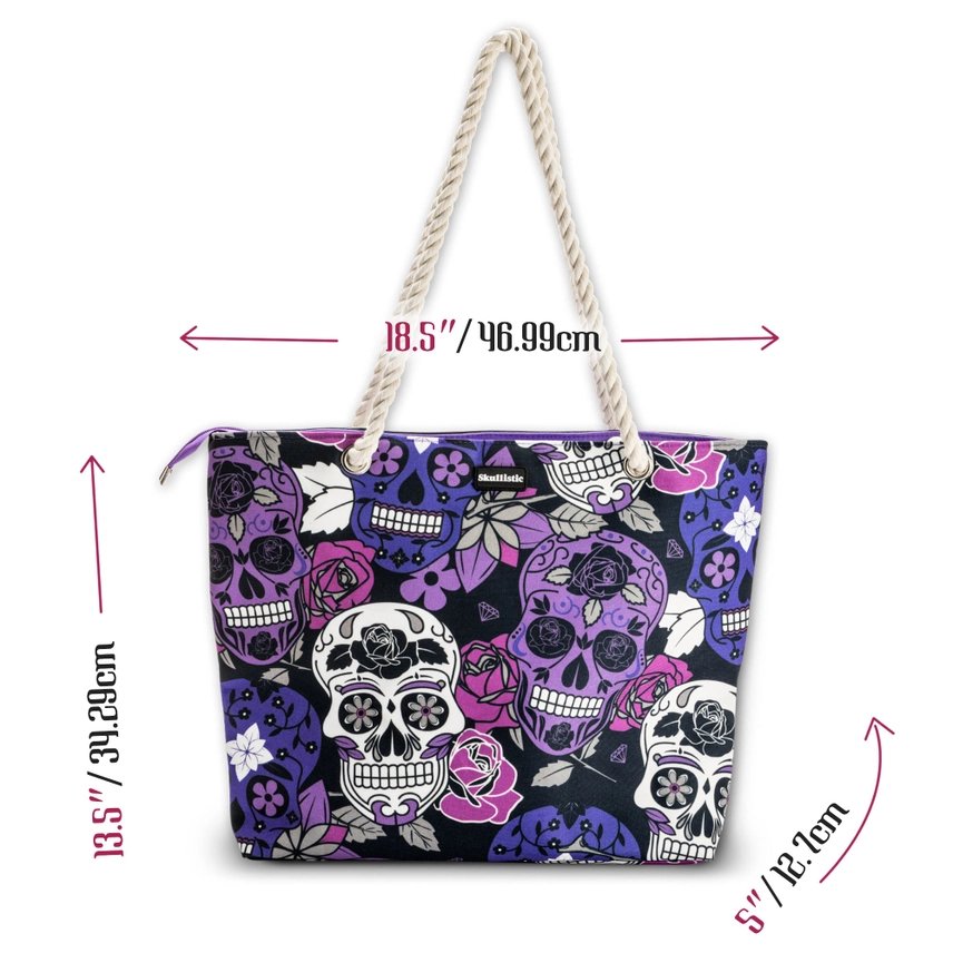 Large Skullistic Purple Sugar Skull Tote Bag - Jabbatheslut