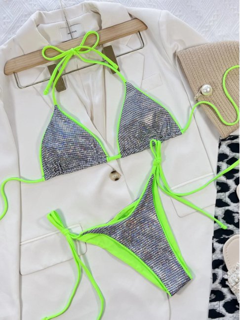 Neon & Rainbow Reflective Chrome Two Piece Bikini - Jabbatheslut