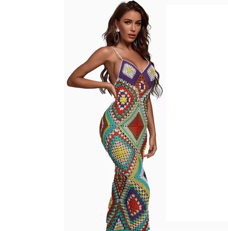 Spaghetti Strap V Neck Sleeveless Maxi Sexy Bodycon Crochet Knit Dress - Jabbatheslut