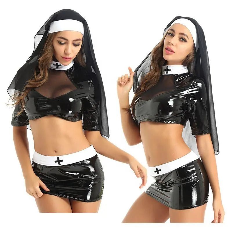 Three Piece Patent Leather Sexy Nun Costume - Jabbatheslut